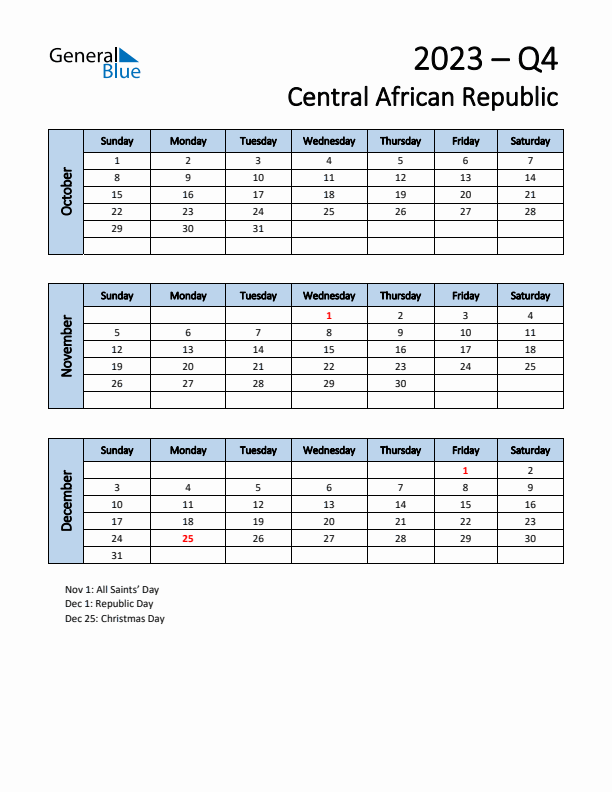 Free Q4 2023 Calendar for Central African Republic - Sunday Start