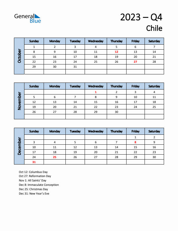 Free Q4 2023 Calendar for Chile - Sunday Start