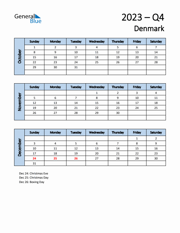 Free Q4 2023 Calendar for Denmark - Sunday Start