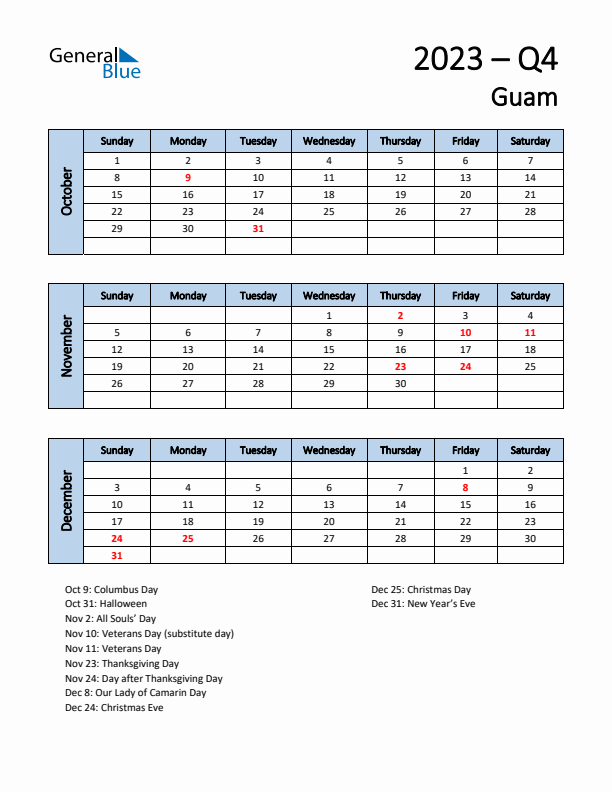 Free Q4 2023 Calendar for Guam - Sunday Start