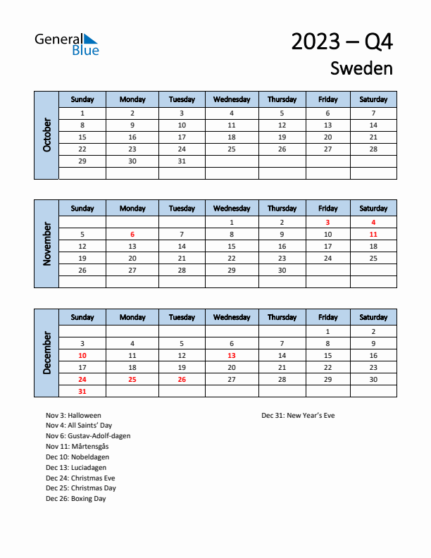 Free Q4 2023 Calendar for Sweden - Sunday Start