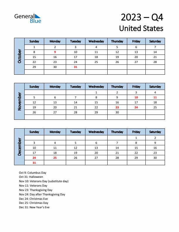 Free Q4 2023 Calendar for United States - Sunday Start