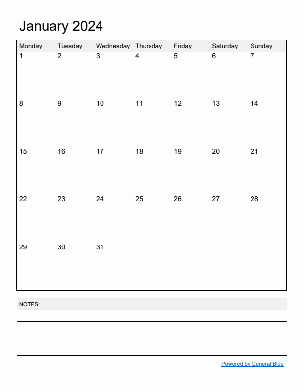 Basic Monthly Calendar Template for January 2024