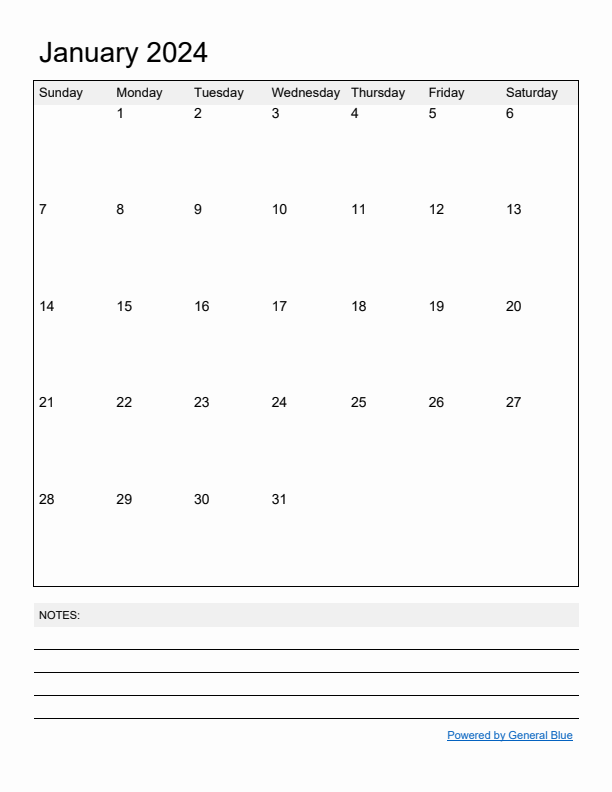 Basic Monthly Calendar Template for January 2024