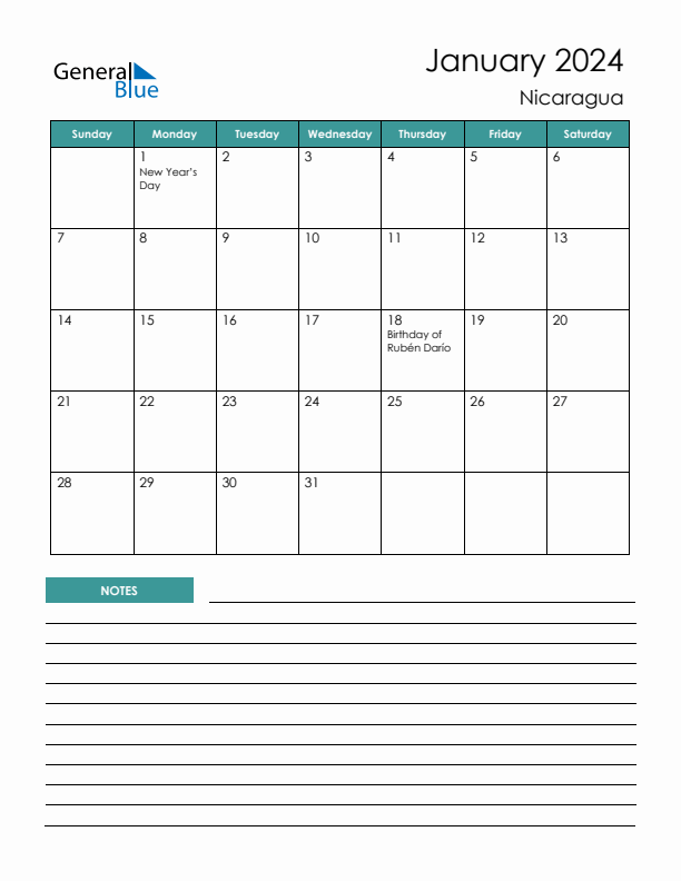 Calendar with Notes Printable - Sunday Start