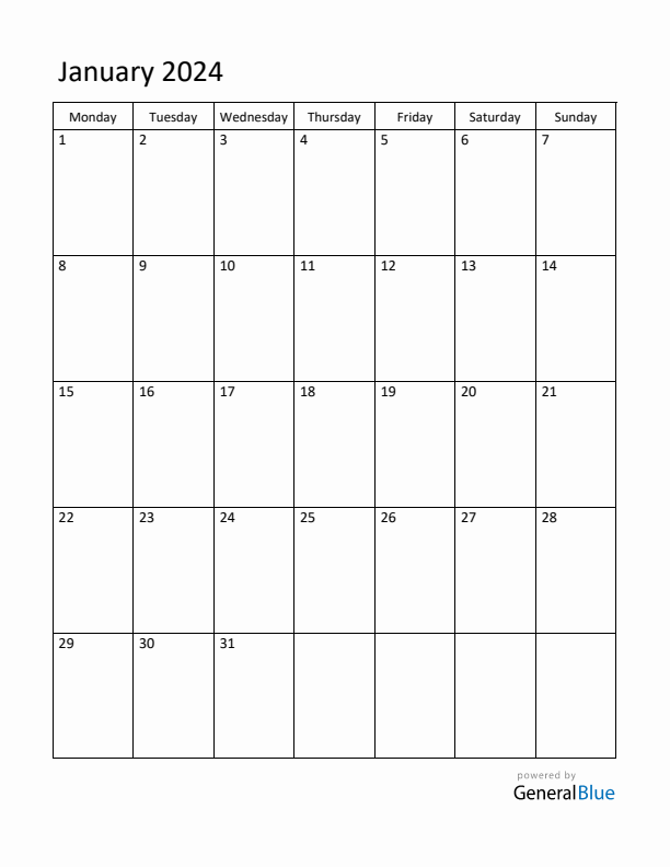 Monday Start Calendar for January 2024