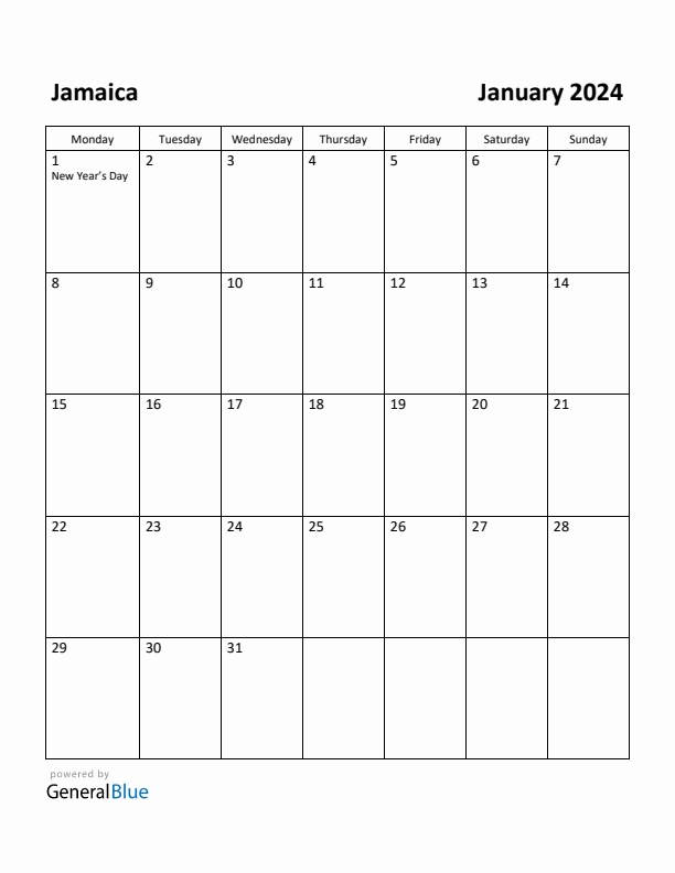 January 2024 Calendar with Jamaica Holidays