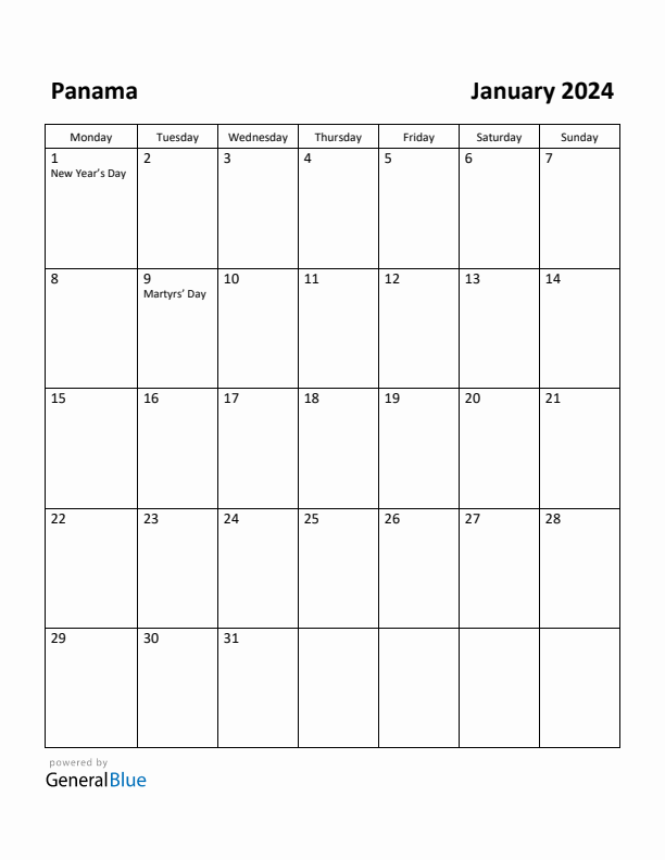 January 2024 Calendar with Panama Holidays