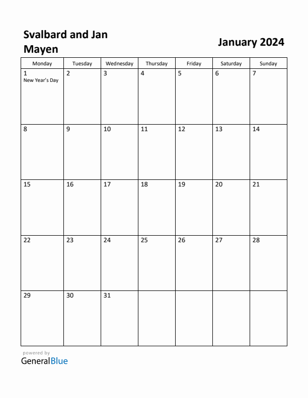 January 2024 Calendar with Svalbard and Jan Mayen Holidays