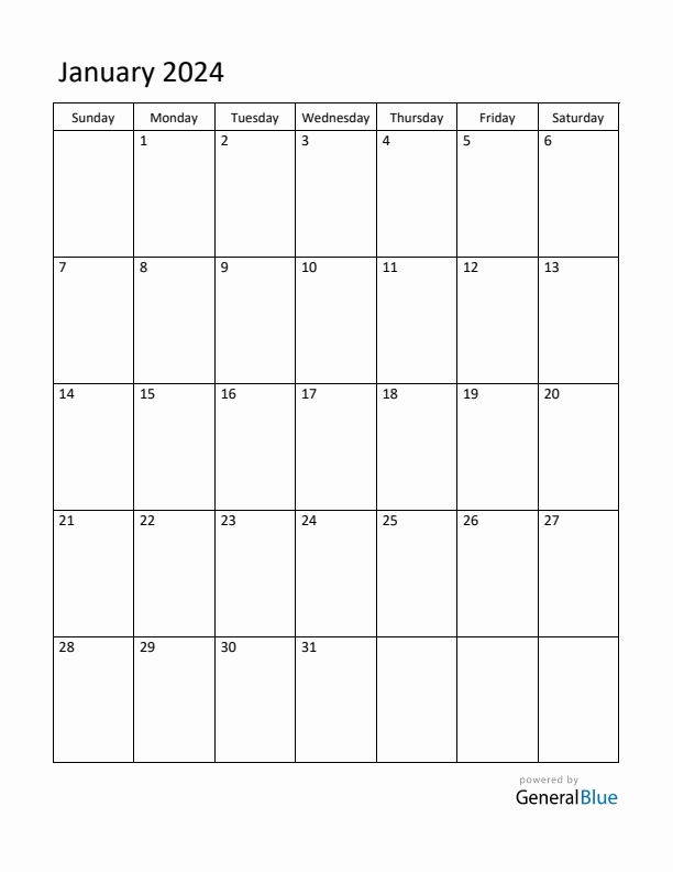 Sunday Start Calendar for January 2024