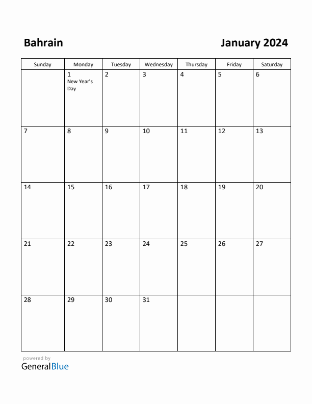 January 2024 Calendar with Bahrain Holidays