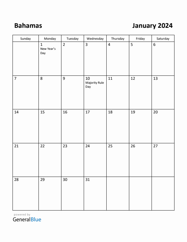 January 2024 Calendar with Bahamas Holidays