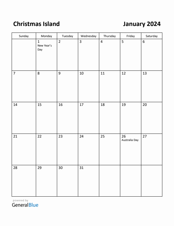 January 2024 Calendar with Christmas Island Holidays