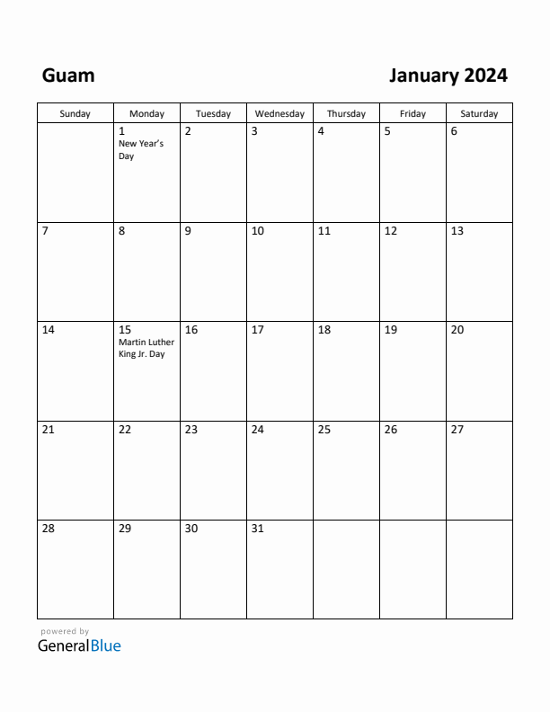 January 2024 Calendar with Guam Holidays