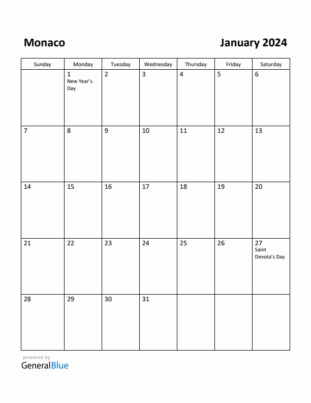 January 2024 Calendar with Monaco Holidays