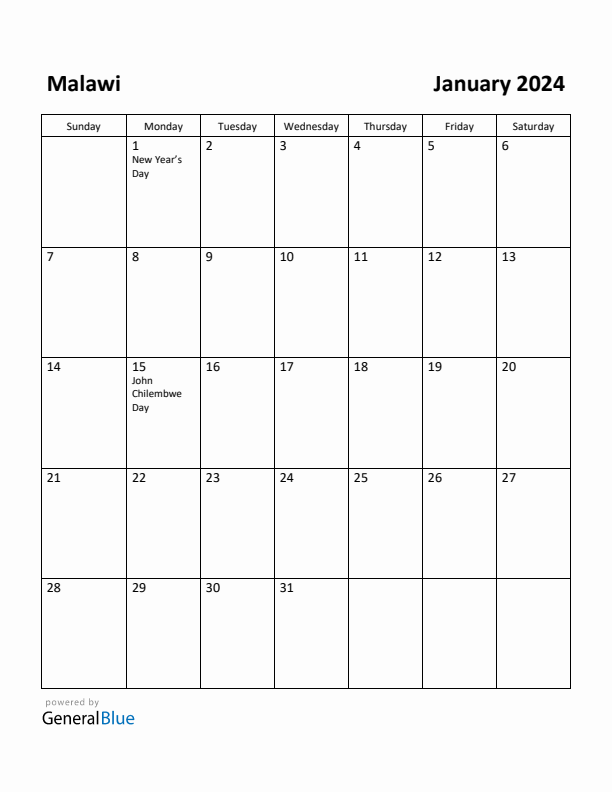 January 2024 Calendar with Malawi Holidays