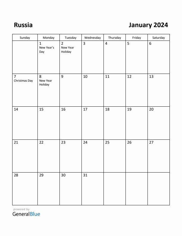 January 2024 Calendar with Russia Holidays