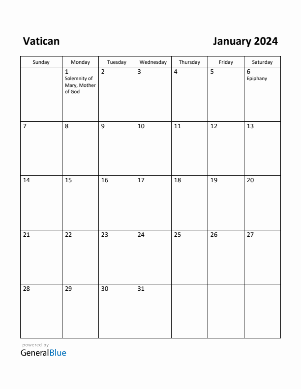 January 2024 Calendar with Vatican Holidays