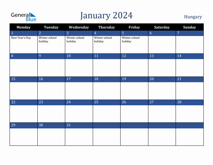 January 2024 Hungary Calendar (Monday Start)