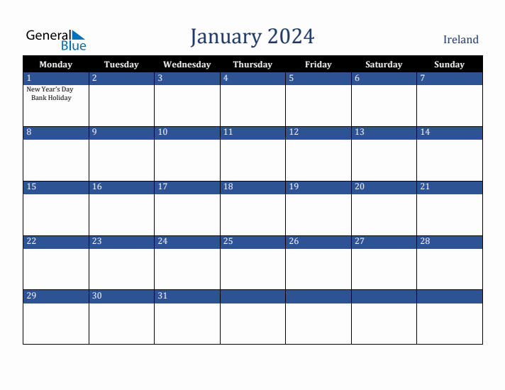 January 2024 Ireland Calendar (Monday Start)