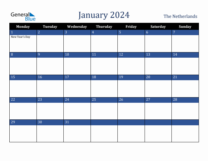 January 2024 The Netherlands Calendar (Monday Start)