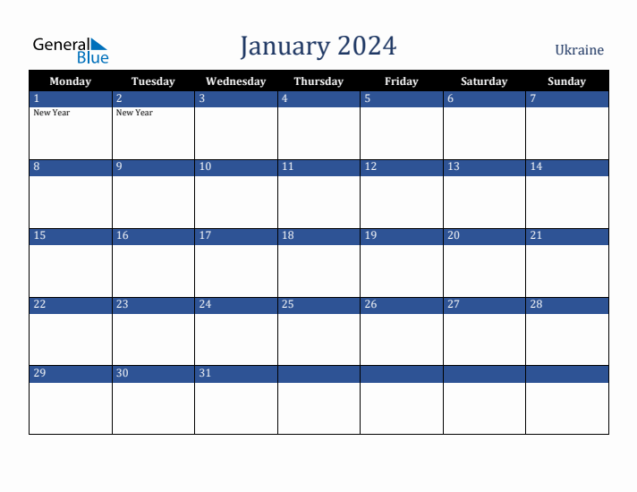 January 2024 Ukraine Calendar (Monday Start)