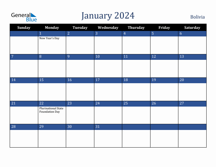 January 2024 Bolivia Calendar (Sunday Start)