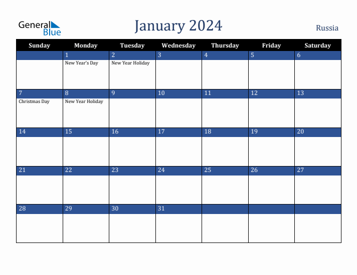 January 2024 Russia Calendar (Sunday Start)