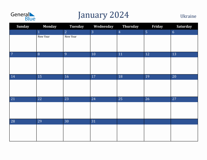 January 2024 Ukraine Calendar (Sunday Start)