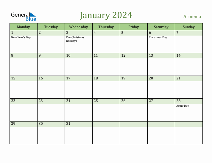 January 2024 Calendar with Armenia Holidays