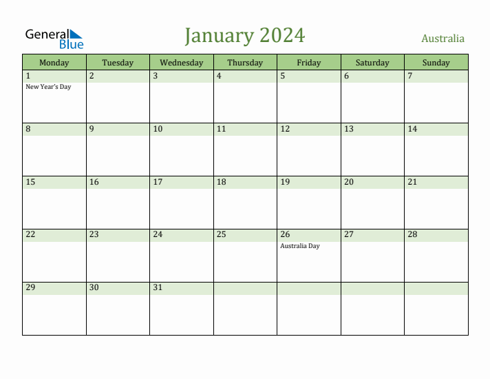 January 2024 Calendar with Australia Holidays