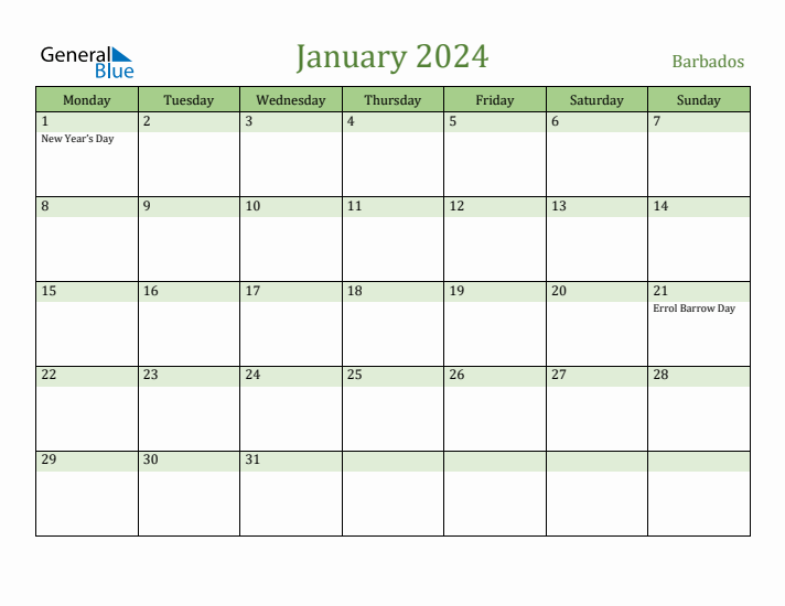 January 2024 Calendar with Barbados Holidays