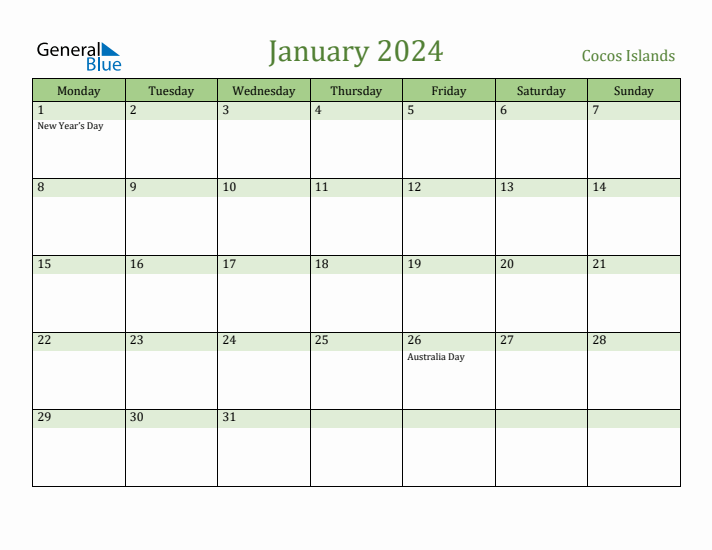 January 2024 Calendar with Cocos Islands Holidays