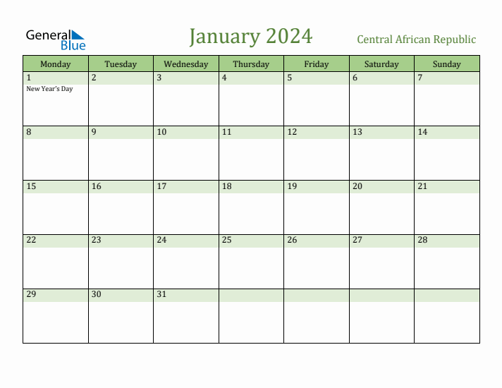 January 2024 Calendar with Central African Republic Holidays