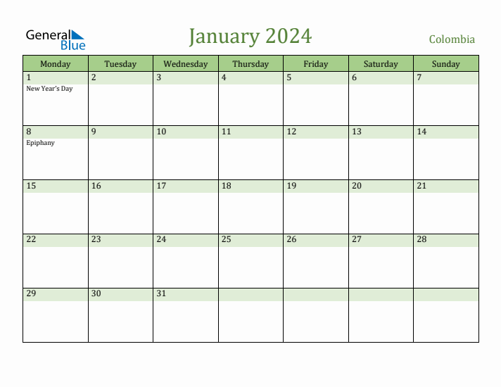 January 2024 Calendar with Colombia Holidays