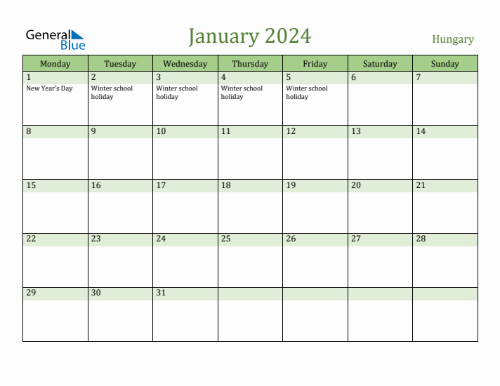 January 2024 Calendar with Hungary Holidays