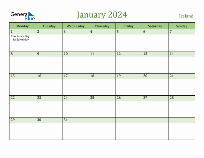 January 2024 Calendar with Ireland Holidays