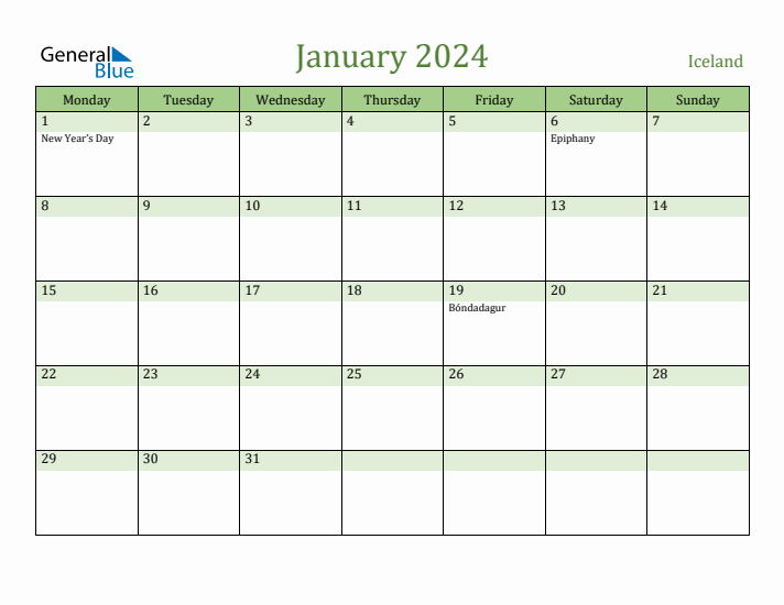 January 2024 Calendar with Iceland Holidays