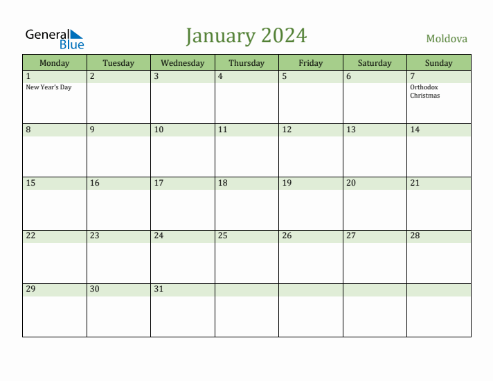 January 2024 Calendar with Moldova Holidays