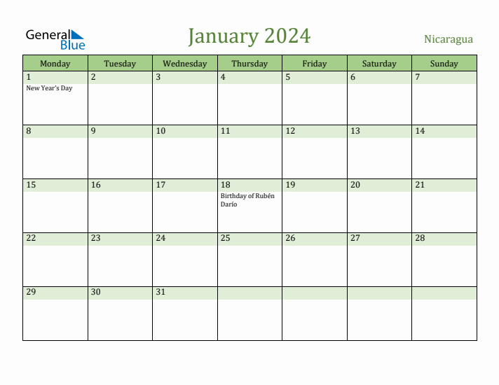 January 2024 Calendar with Nicaragua Holidays