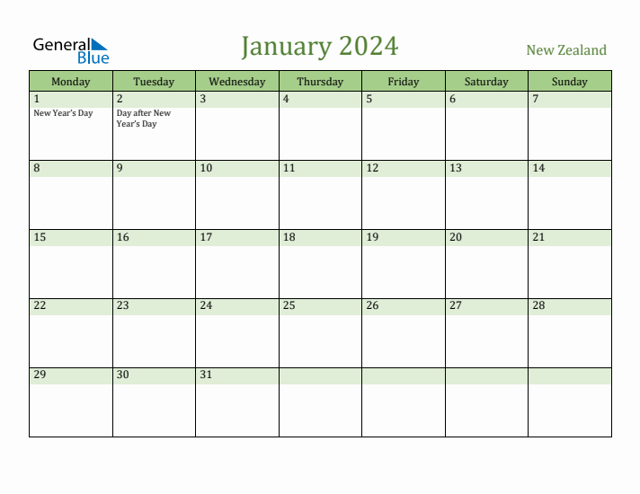 January 2024 Calendar with New Zealand Holidays