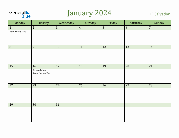 January 2024 Calendar with El Salvador Holidays