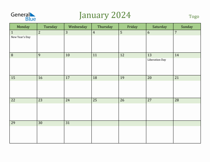 January 2024 Calendar with Togo Holidays