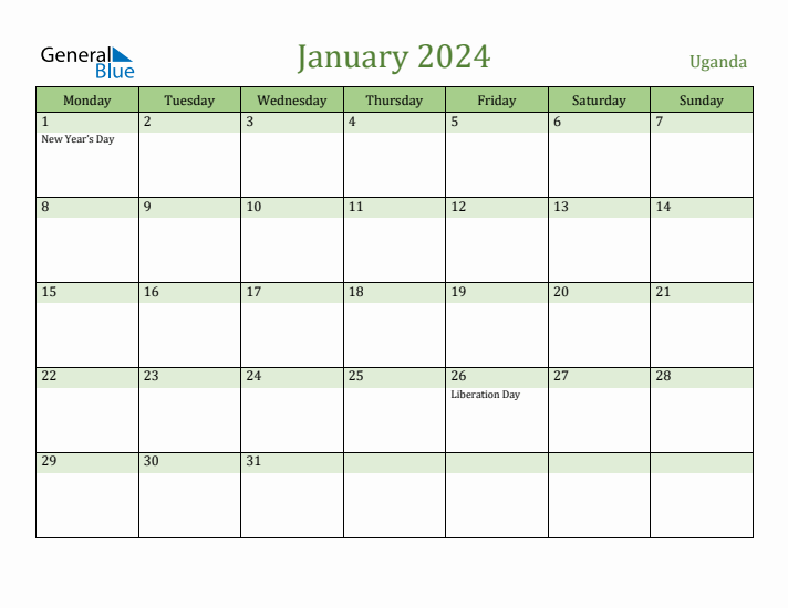 January 2024 Calendar with Uganda Holidays