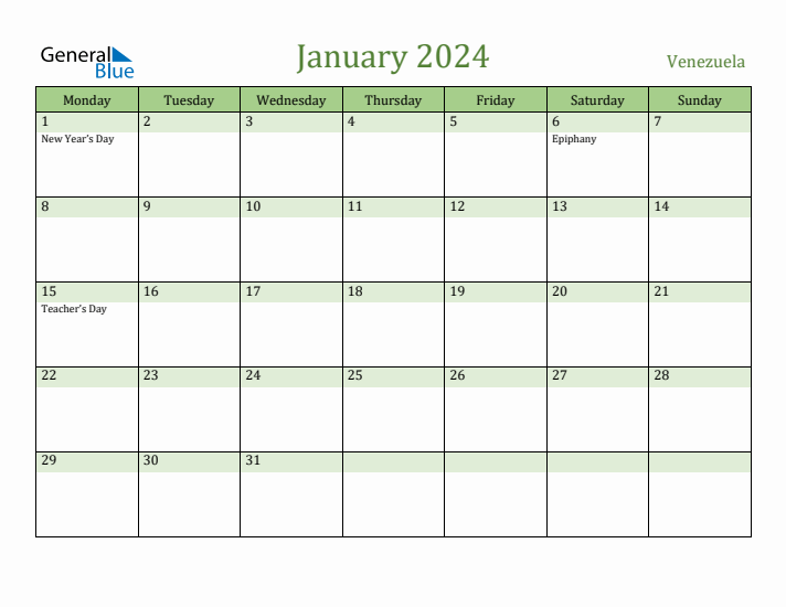 January 2024 Calendar with Venezuela Holidays