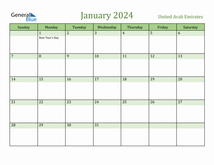 January 2024 Calendar with United Arab Emirates Holidays