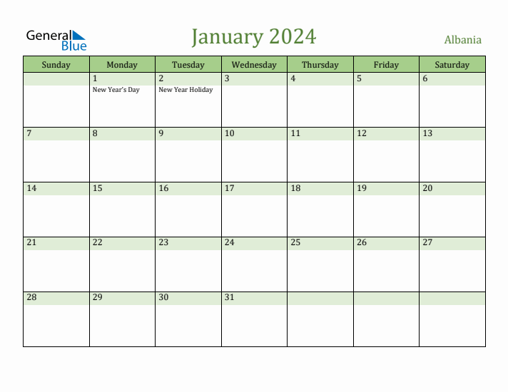 January 2024 Calendar with Albania Holidays