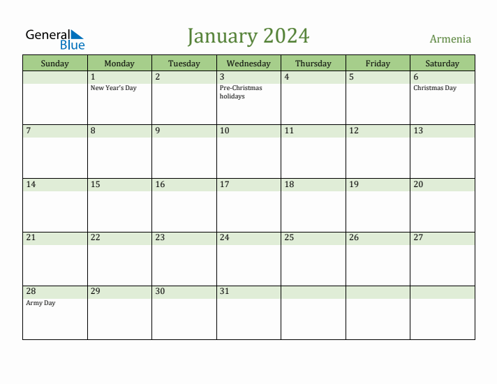 January 2024 Calendar with Armenia Holidays