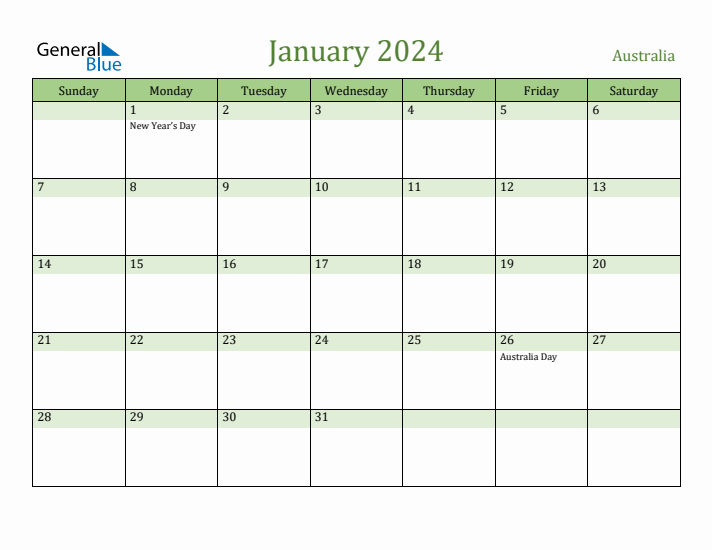 January 2024 Calendar with Australia Holidays