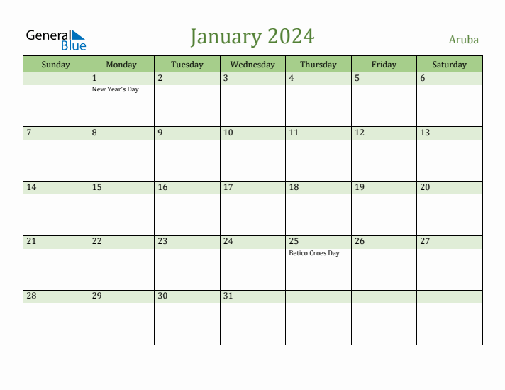 January 2024 Calendar with Aruba Holidays